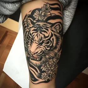 Intricate Tiger Tattoo in Blackwork with Flowers
