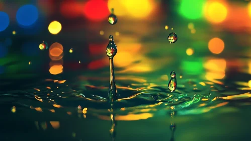 Mid-Splash Water Droplets with Colorful Bokeh