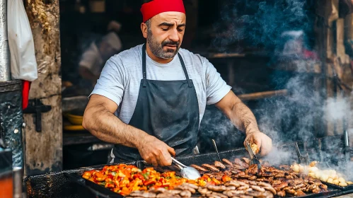 Chef Grilling Meat and Vegetables