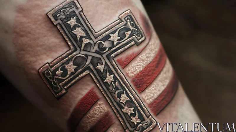 Ornate Cross Tattoo with Stars and Stripes