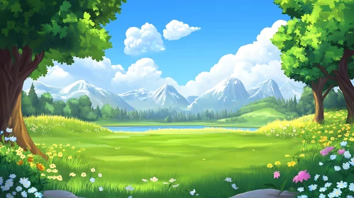 Green Meadow with Mountain View Art