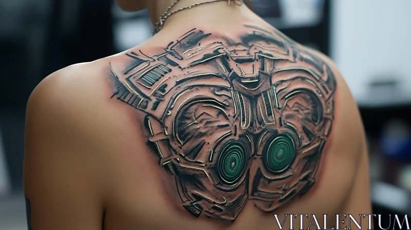 Cyberpunk-Inspired Back Tattoo Featuring Metallic Elements