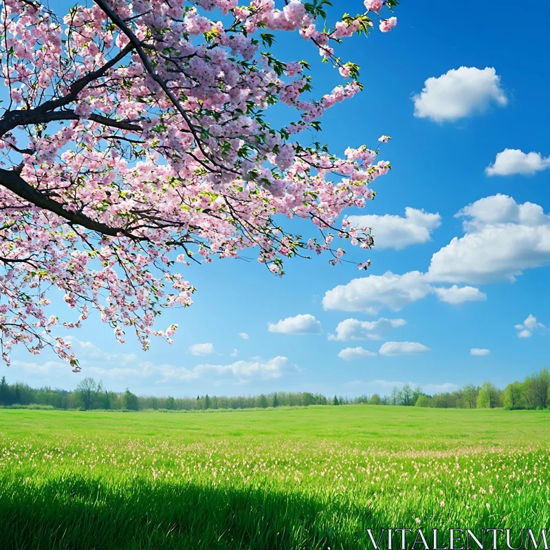 Spring Meadow with Blossoming Tree