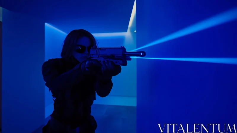 Woman Aiming Gun in Neon Blue Setting