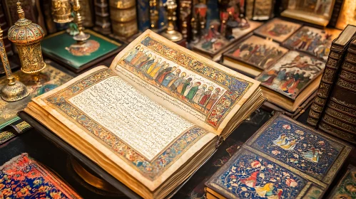 Illuminated Manuscript Surrounded by Antique Books