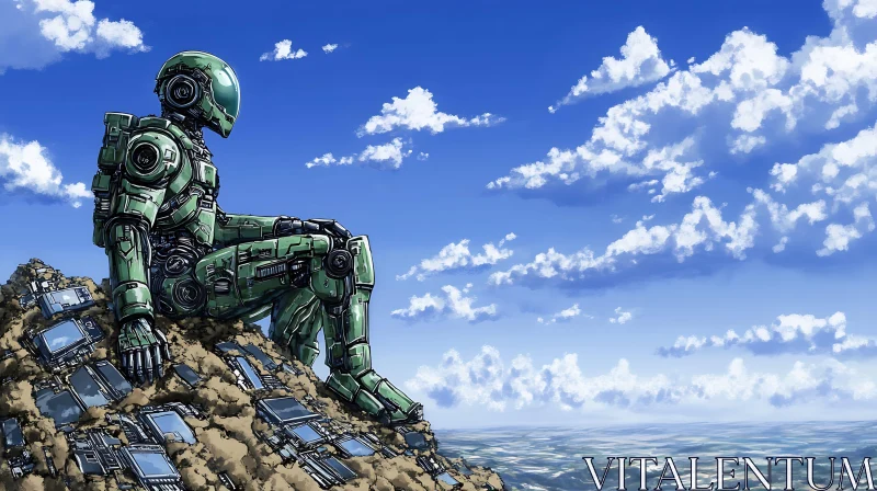 Thoughtful Green Robot on Electronic Debris