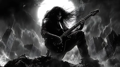 Monochrome Guitarist Cityscape