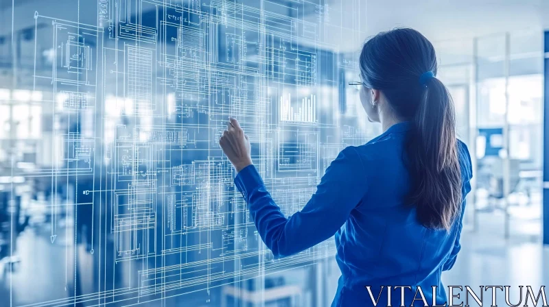 Woman Analyzing Blueprint Design