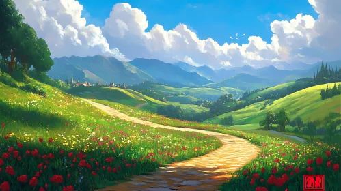Idyllic Landscape with Flower Meadow and Mountains