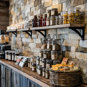 Cozy Kitchen Interior with Stone Walls and Stored Goods
