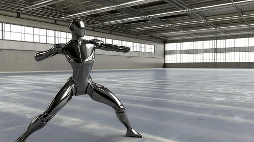 Metallic Figure in an Empty Warehouse