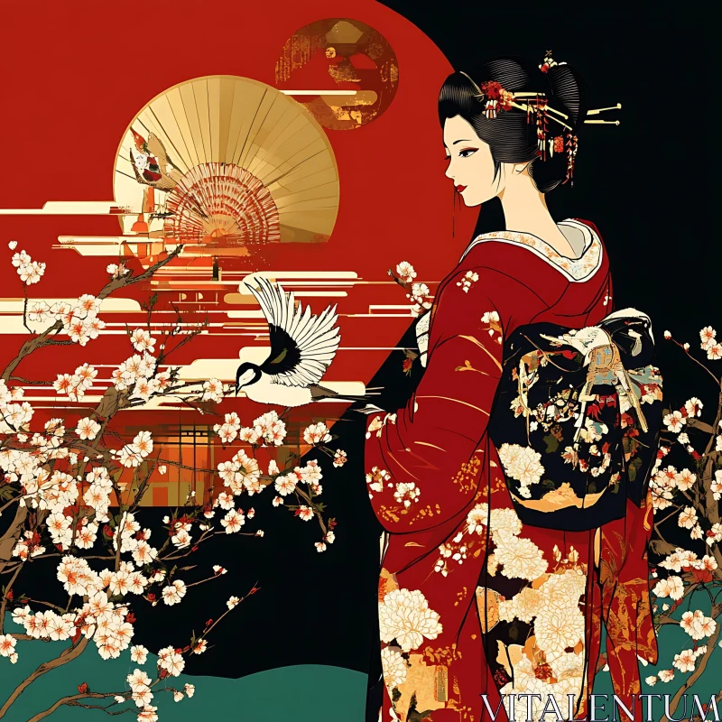 Serene Geisha with Crane and Cherry Blossoms