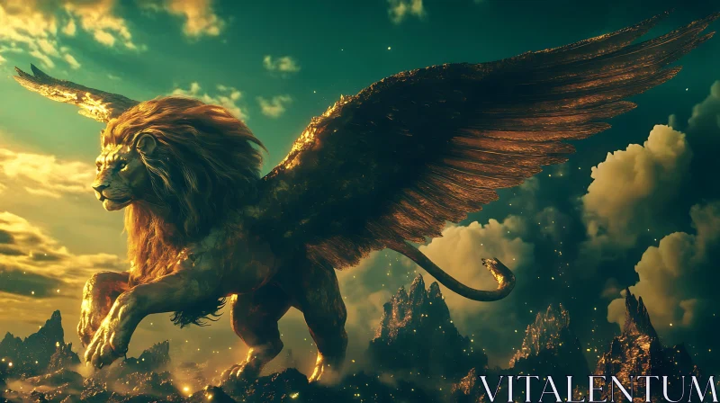 Golden Winged Lion on Mountain Peak AI Image