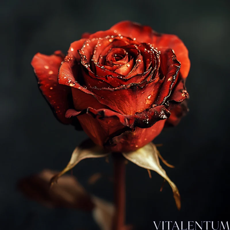 Detailed Red Rose with Dew Drops