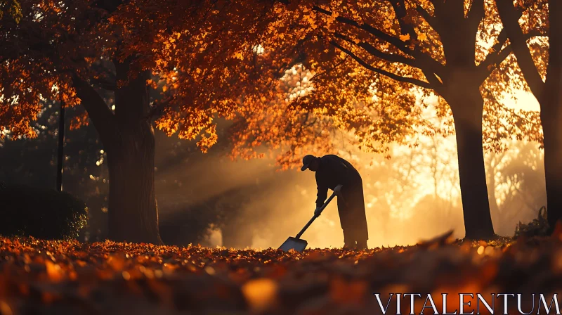 Raking Leaves in Autumn Sunlight