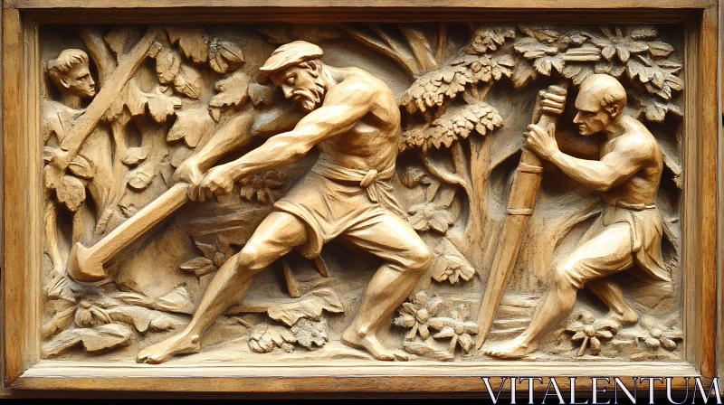 Hand-Carved Wood Relief: Forest Workers