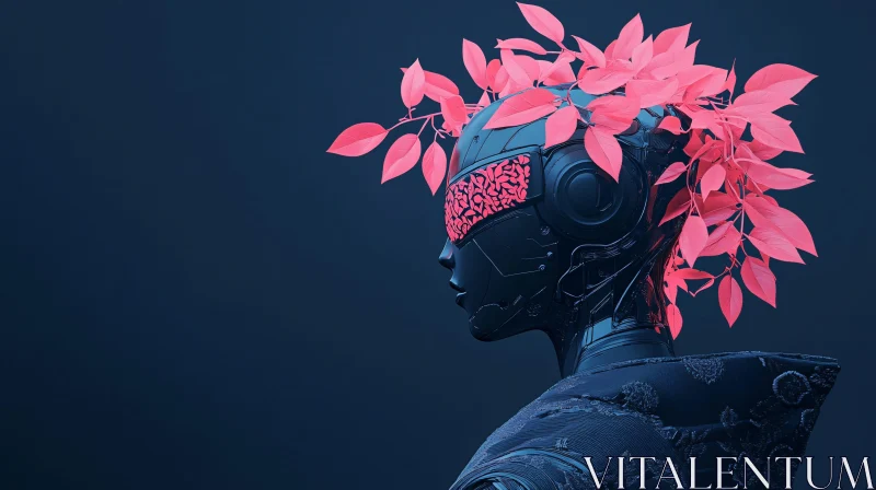Futuristic Cyborg Adorned With Pink Foliage