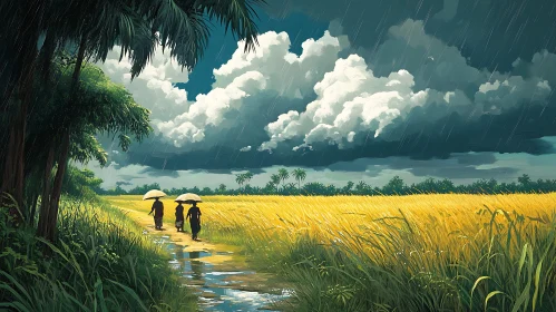 Rainy Day Stroll in Golden Field
