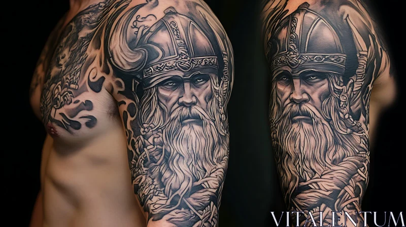 Detailed Viking Tattoo on Arm and Chest AI Image