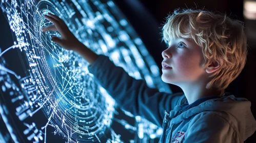 Boy and Luminous Interactive Screen