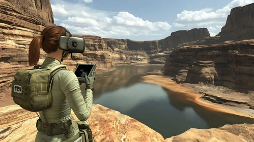 Woman with VR Device in Canyon Setting