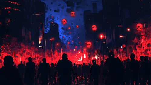 Nighttime Gathering with Floating Skulls