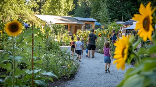 Kids among Sunflowers in the Garden