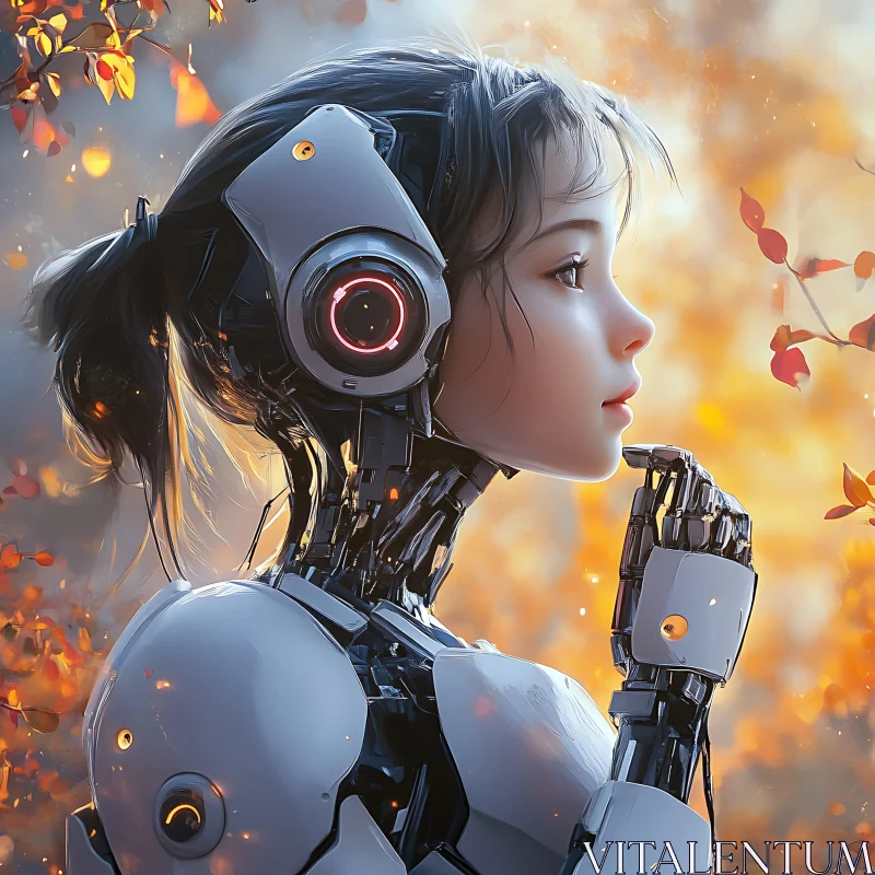 Humanoid Android Amidst Autumn Leaves