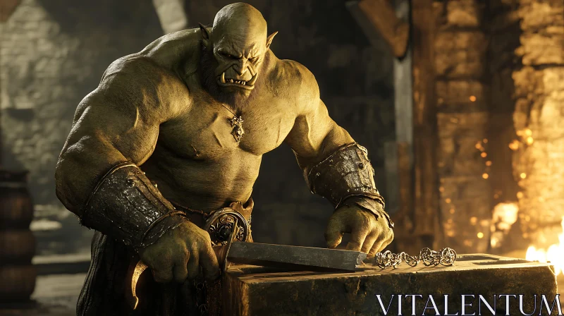 Green Orc Forging Metal in Dark Smithy