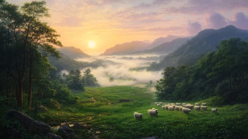 Pastoral Scene with Sheep and Mountains