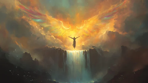 Figure with Wings Above Waterfall