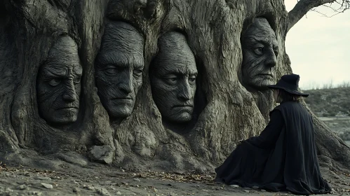 Enigmatic Tree Carvings with Dark Figure