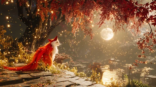 Fox in Autumnal Moonlit Landscape