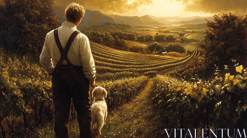 Man and Dog in Vineyard at Sunset