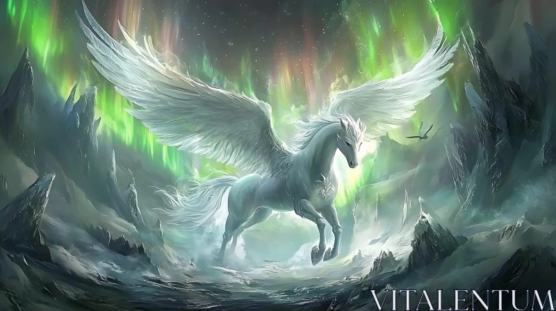 Winged Stallion Under Aurora Lights
