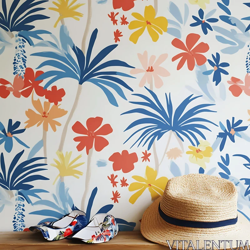 Tropical Floral Wallpaper, Hat and Shoes