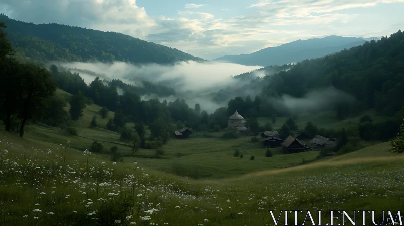 Foggy Mountain Village Green Landscape