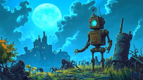 Mechanical Being Under Lunar Glow