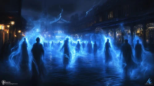 Glowing Figures in a Dark Urban Setting
