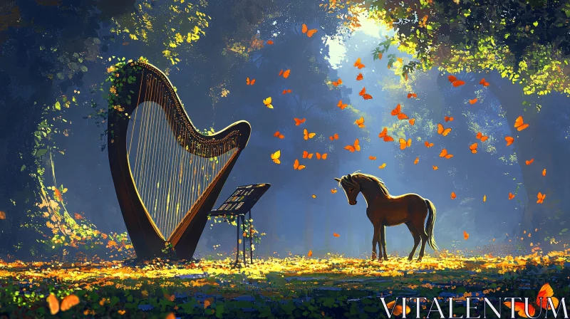 Enchanted Meadow with Horse and Harp