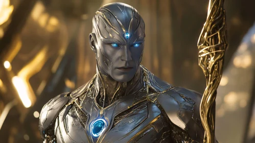 Science Fiction Cyborg with Blue Eyes and Metallic Body