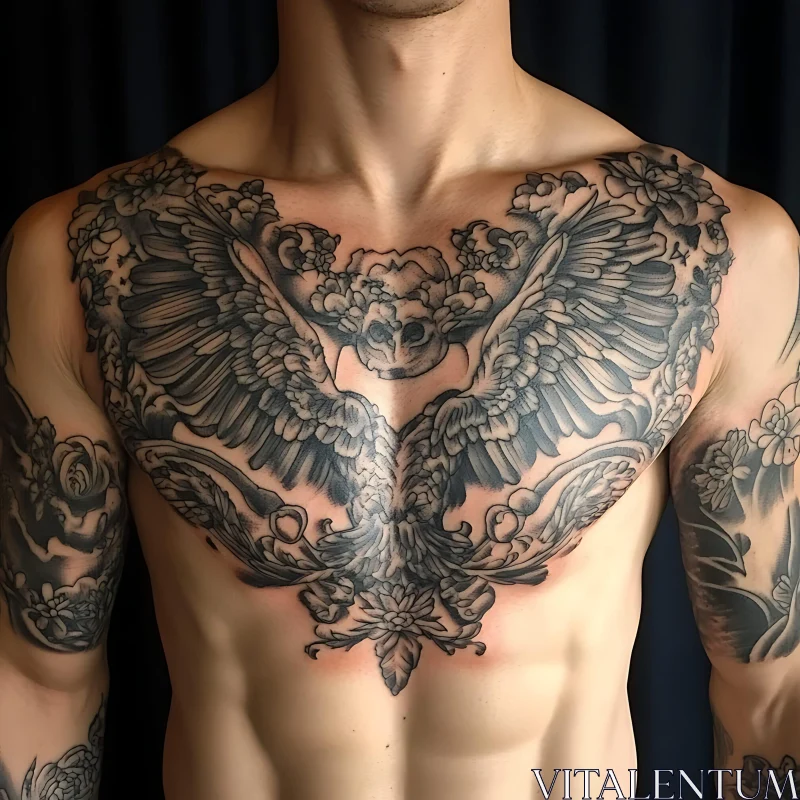 Symmetrical Chest Tattoo with Floral Elements
