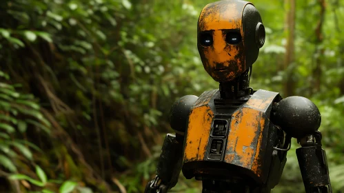 Mechanical Figure Amidst Verdant Foliage