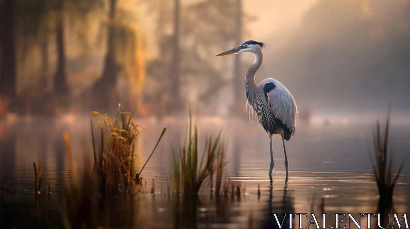 AI ART Blue Heron in Misty Autumn Sunrise - A Soothing Landscape