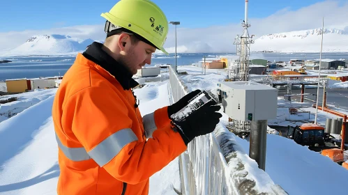 Industrial Worker at Snowy Construction Site
