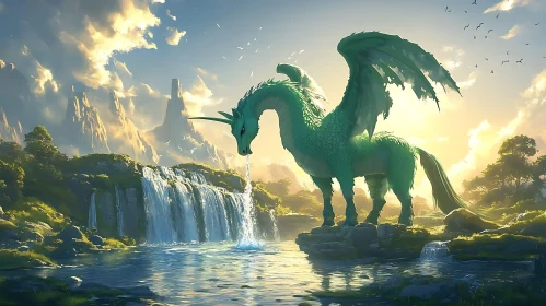 Fantasy Dragon Drinking Water