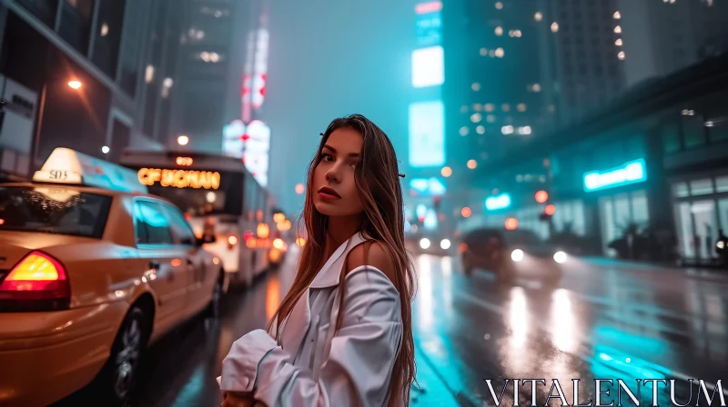 Captivating Night Cityscape with a Woman in White Shirt AI Image