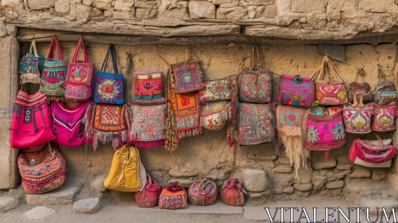 Colorful Handmade Bags on Stone Wall - Abstract Art AI Image