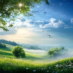 Peaceful Meadow with Birds Flying Above