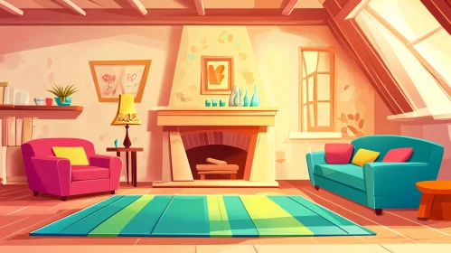 Cozy Cartoon Living Room with Fireplace
